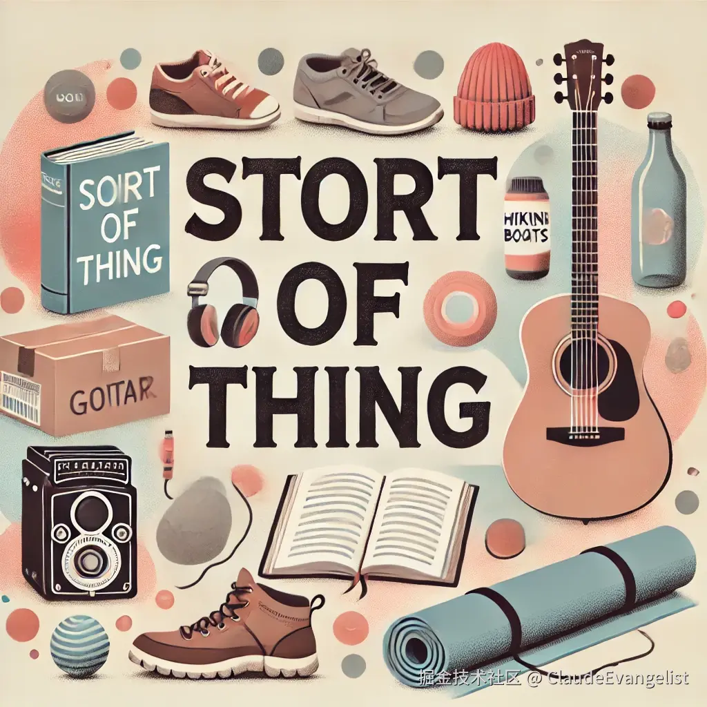 DALL·E 2024-08-18 22.44.15 - An illustration showing various items related to hobbies and interests, such as a book, a guitar, hiking boots, and a yoga mat. The items are scattere.webp