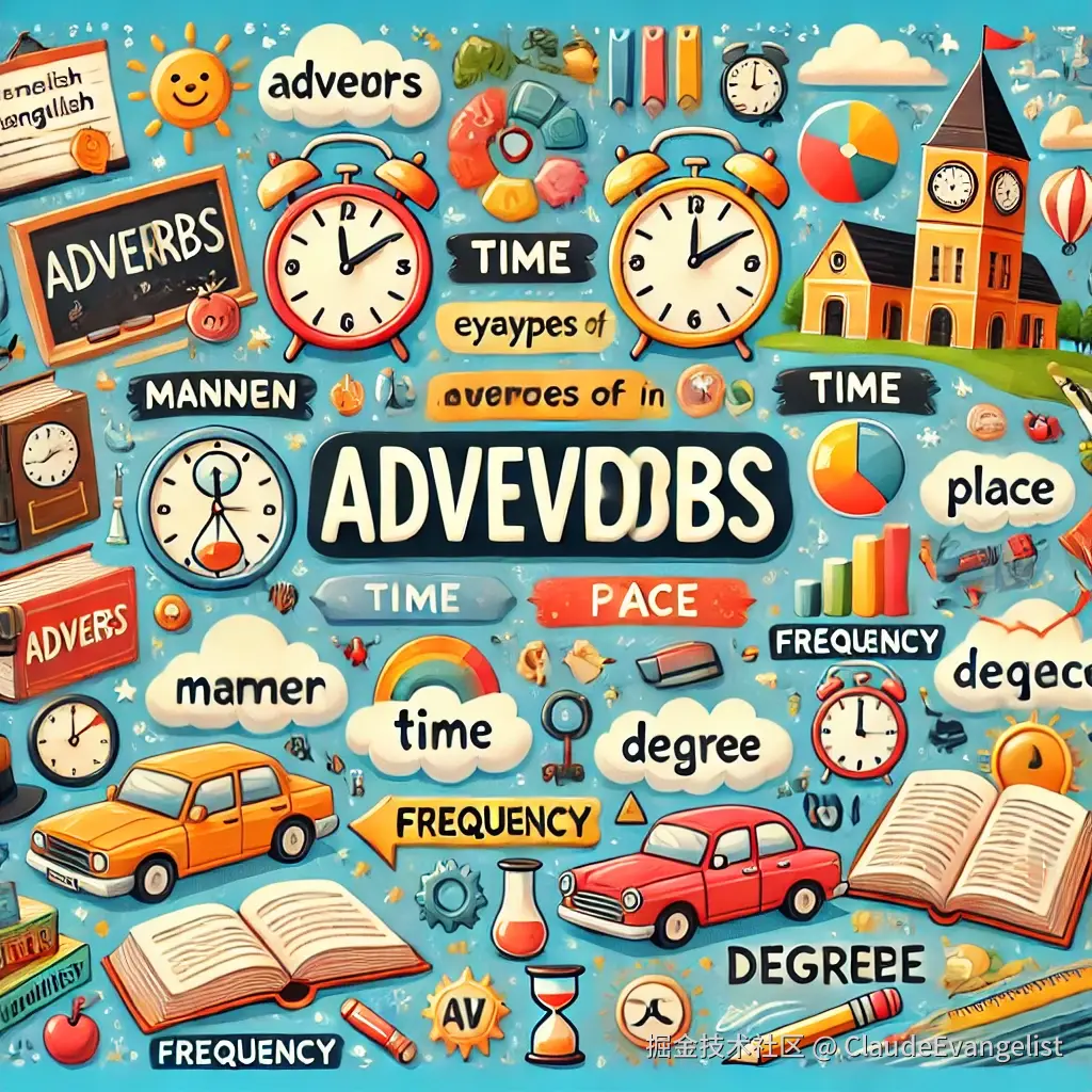 DALL·E 2024-11-03 14.18.48 - An educational illustration depicting the concept of adverbs in English grammar. The image should include various types of adverbs like manner, time, .webp