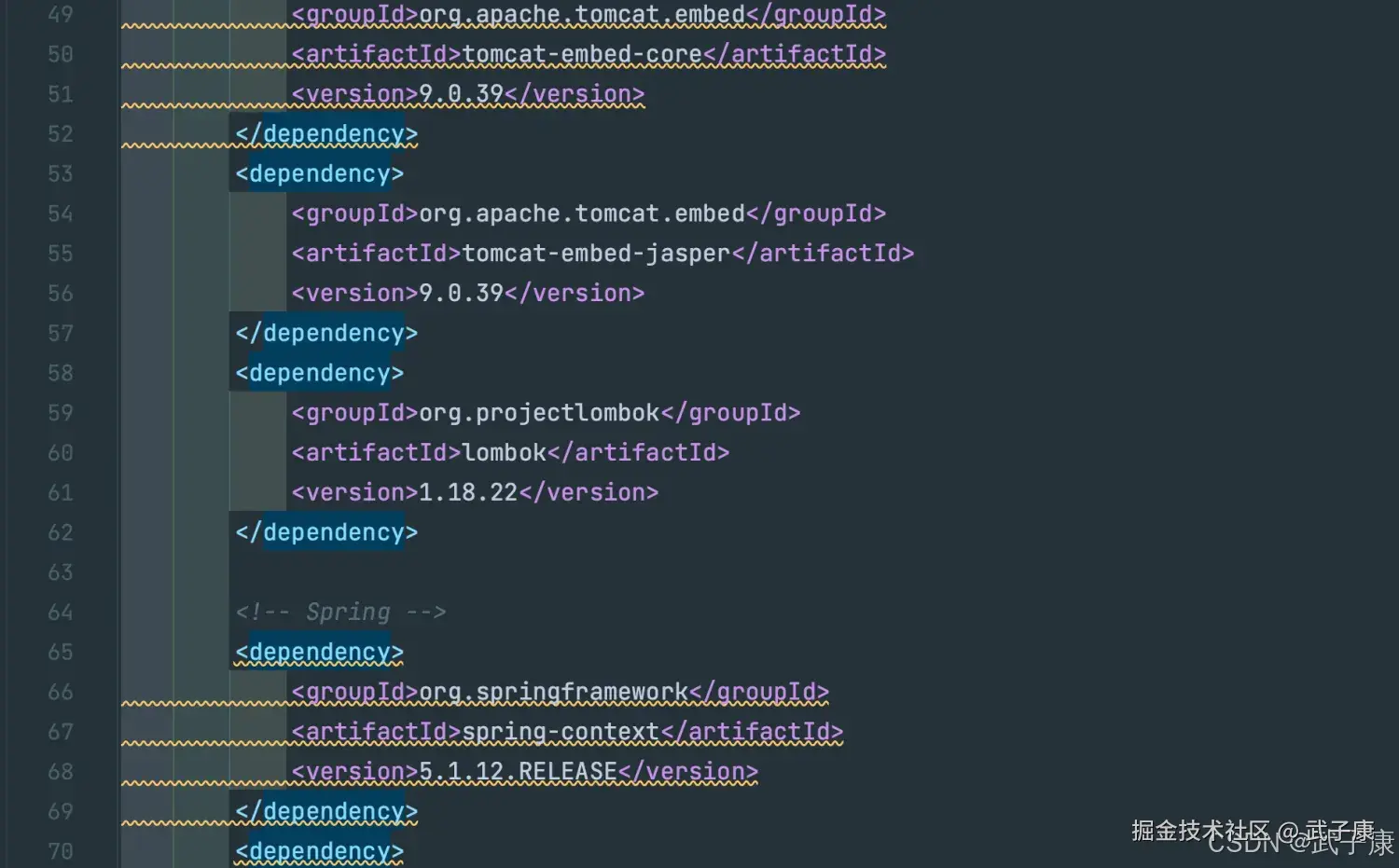 Maven pom.xml 依赖配置截图:包含 tomcat-embed-core 9.0.39、lombok 1.18.22,以及 spring-context 5.1.12.RELEASE 等 Spring 系列依赖