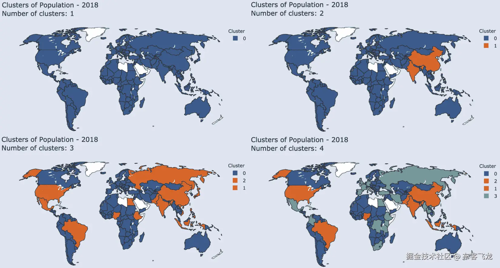 图 9.8 – 按人口聚类的国家，使用不同数量的簇