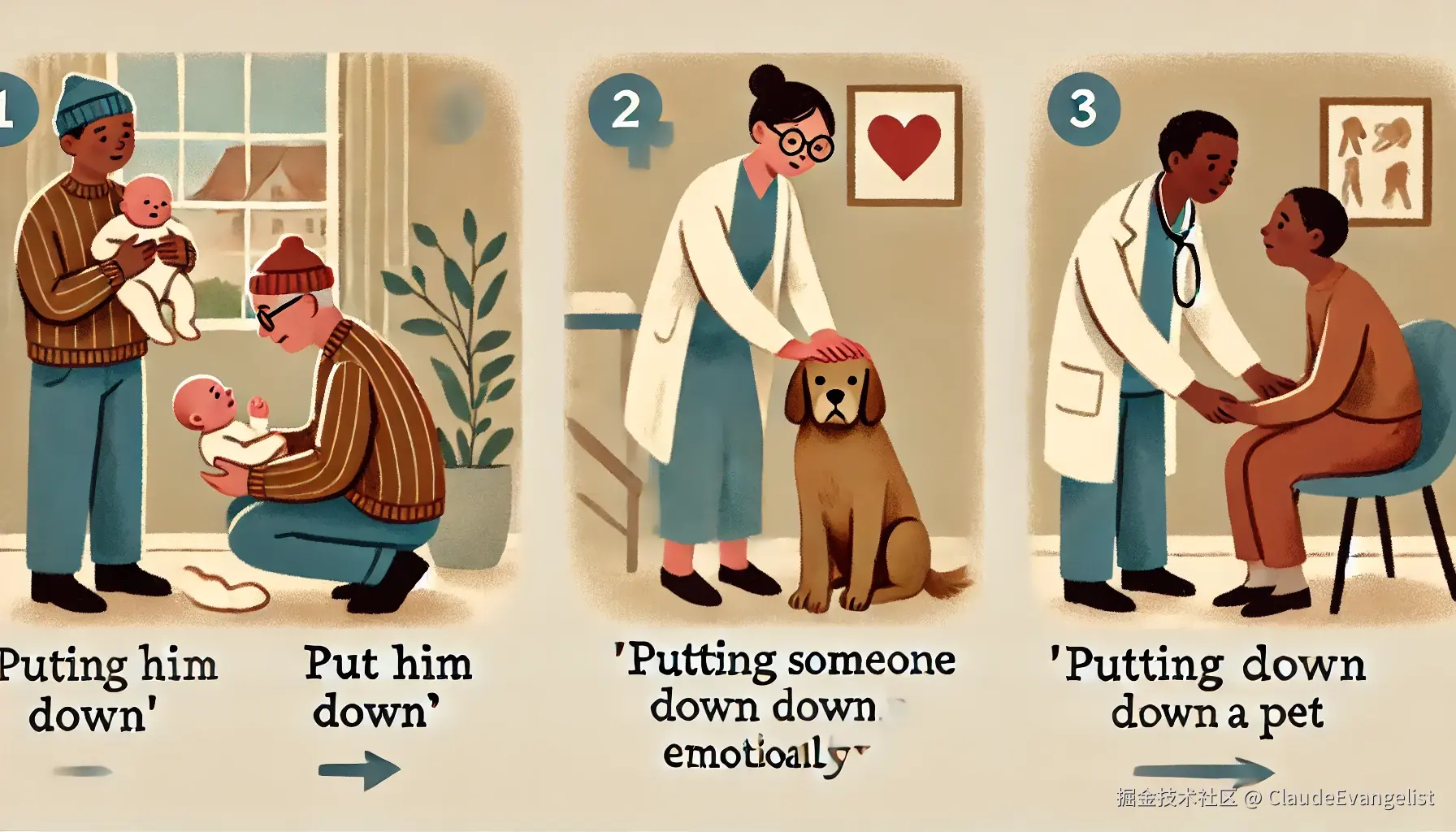 DALL·E 2024-10-27 22.17.57 - An illustration showing three different scenes for 'put him down'_ 1) A person gently setting a baby down on the ground, representing 'placing someone.webp