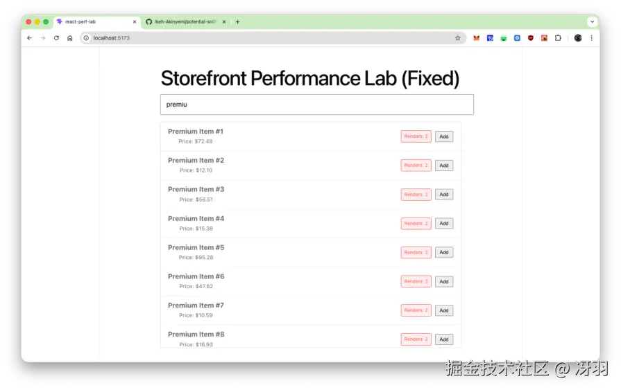 App UI showing nonchanging Render count despite active searching