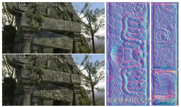 图6.36：一个在游戏场景中使用法线贴图进行凹凸映射的例子。左上角：没有应用右侧的两个法线贴图。左下角：应用了法线贴图。右边：法线贴图。