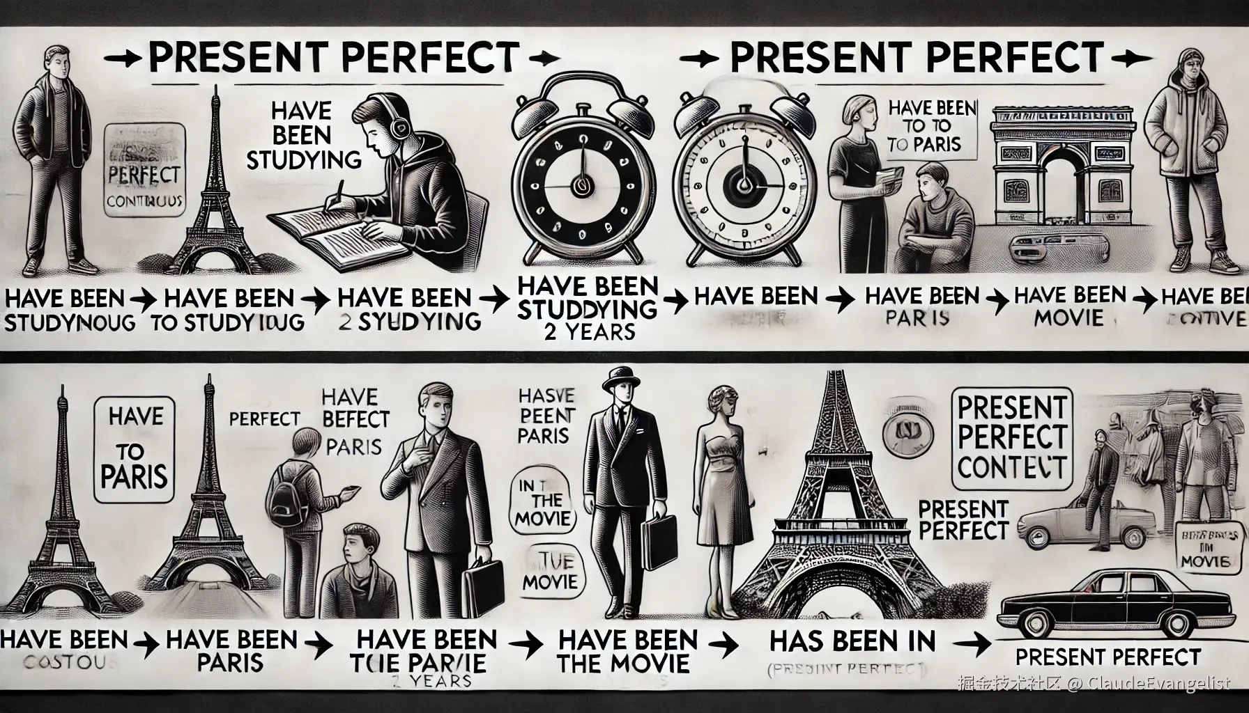 DALL·E 2024-08-01 20.32.58 - An illustration showing two sections clearly labeled. On the left, a timeline indicating continuous action with a figure studying and a clock marking .webp
