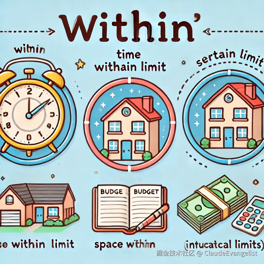 DALL·E 2024-09-29 22.23.59 - A visual illustration explaining the concept of 'within' in English grammar. The image includes three examples represented visually_ a clock indicatin.webp