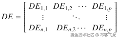 D E = \left[\begin{array}{ccc}\hfill D{E}_{1,1}\hfill & \hfill D{E}_{1,2}\kern0.5em \cdots \hfill & \hfill D{E}_{1, p}\hfill \\ {}\hfill \vdots \hfill & \hfill \ddots \hfill & \hfill \vdots \hfill \\ {}\hfill D{E}_{n,1}\hfill & \hfill D{E}_{n,2}\cdots \hfill & \hfill D{E}_{n, p}\hfill \end{array}\right]