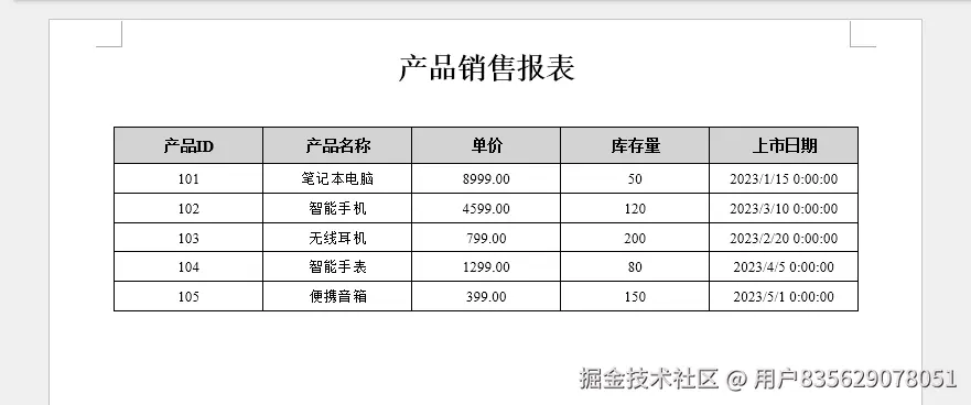 C#导出DataTable到Word结果