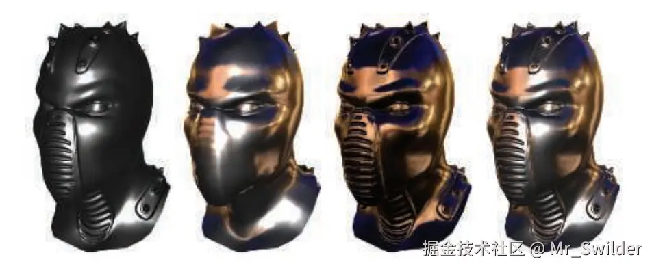 图10.24：一个位于相机处的光源，以及凹凸映射与环境映射相结合的渲染效果。从左到右分别是：没有环境映射、没有凹凸映射、相机处没有光源、所有这三个特性组合在一起。