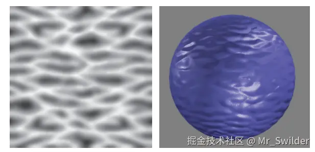 图6.34：波浪高度场凹凸图像及其在球体上的应用效果。