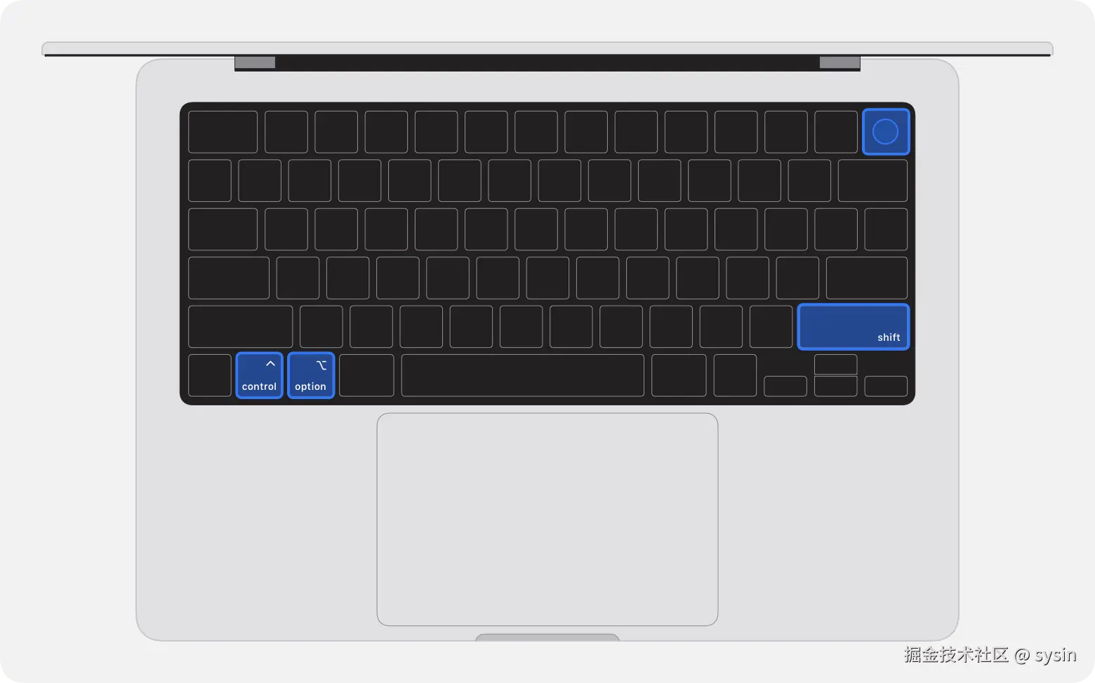 MacBook Pro 键盘，显示了要按的四个按键