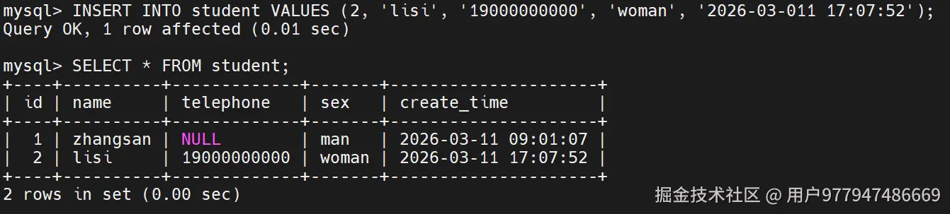 通过输入语句，添加一条数据，name为lisi，telephone为19000000000，sec为woman，注意，这里的id和create_time对应的值不能省。
