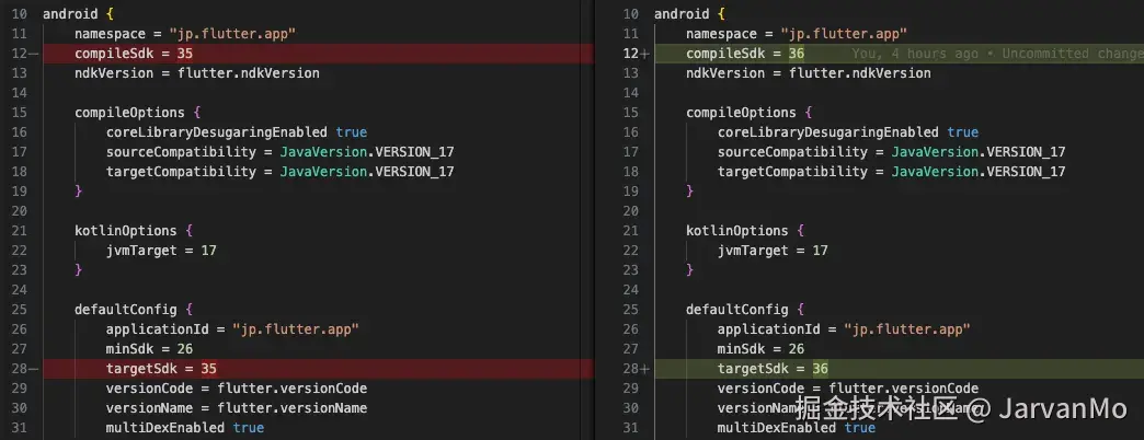 最初的改动是将 Android SDK 从 35 升级到 36