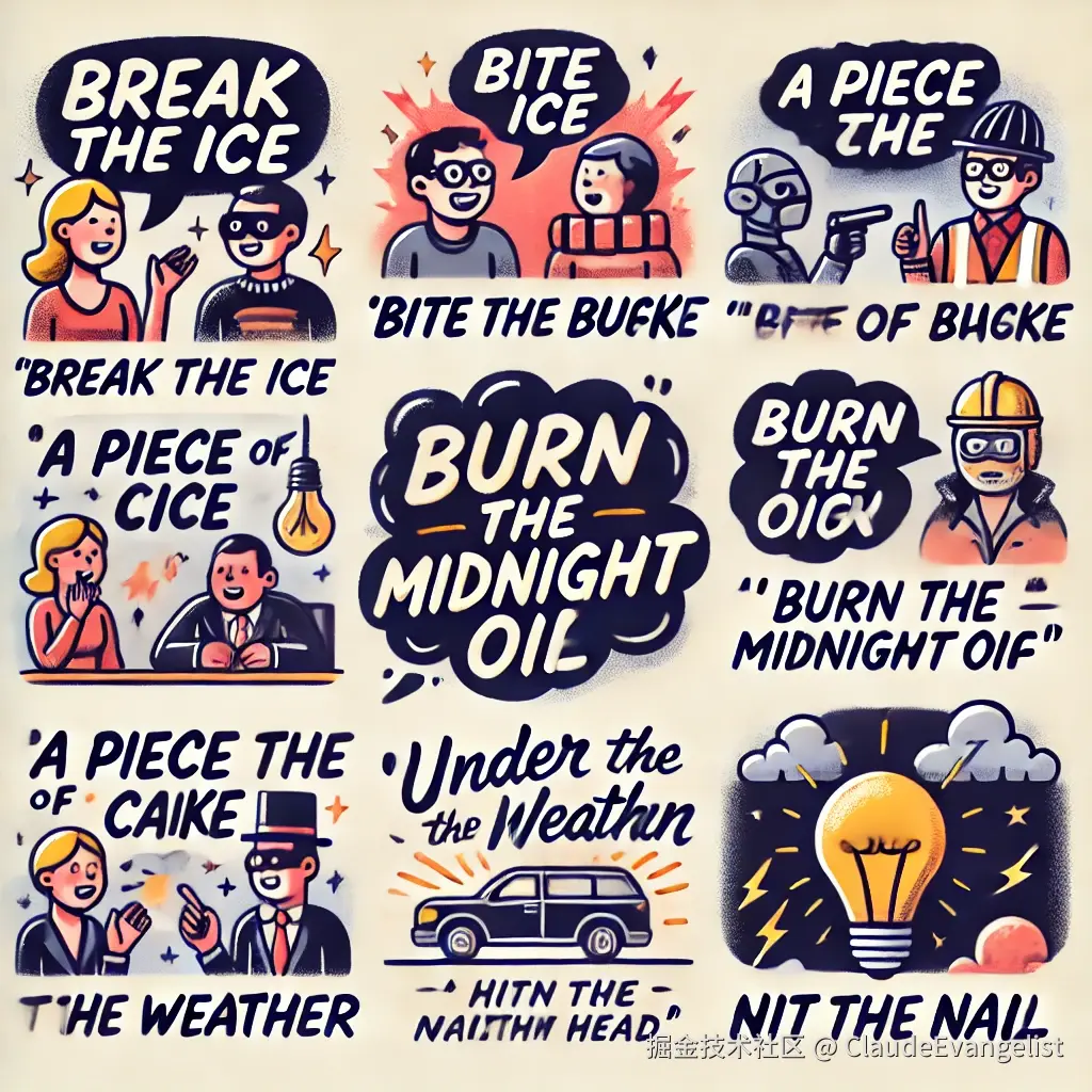 DALL·E 2025-01-05 23.33.16 - An educational illustration showing a collection of common English idiomatic expressions. The image features speech bubbles containing idioms like 'Br.webp
