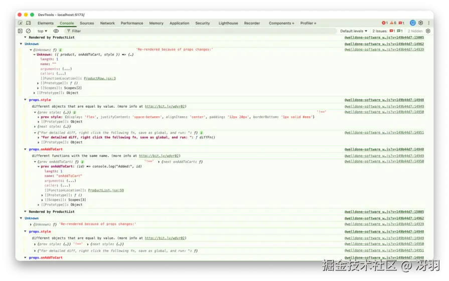 Browser Console output from why-did-you-render confirming reference mismatch.