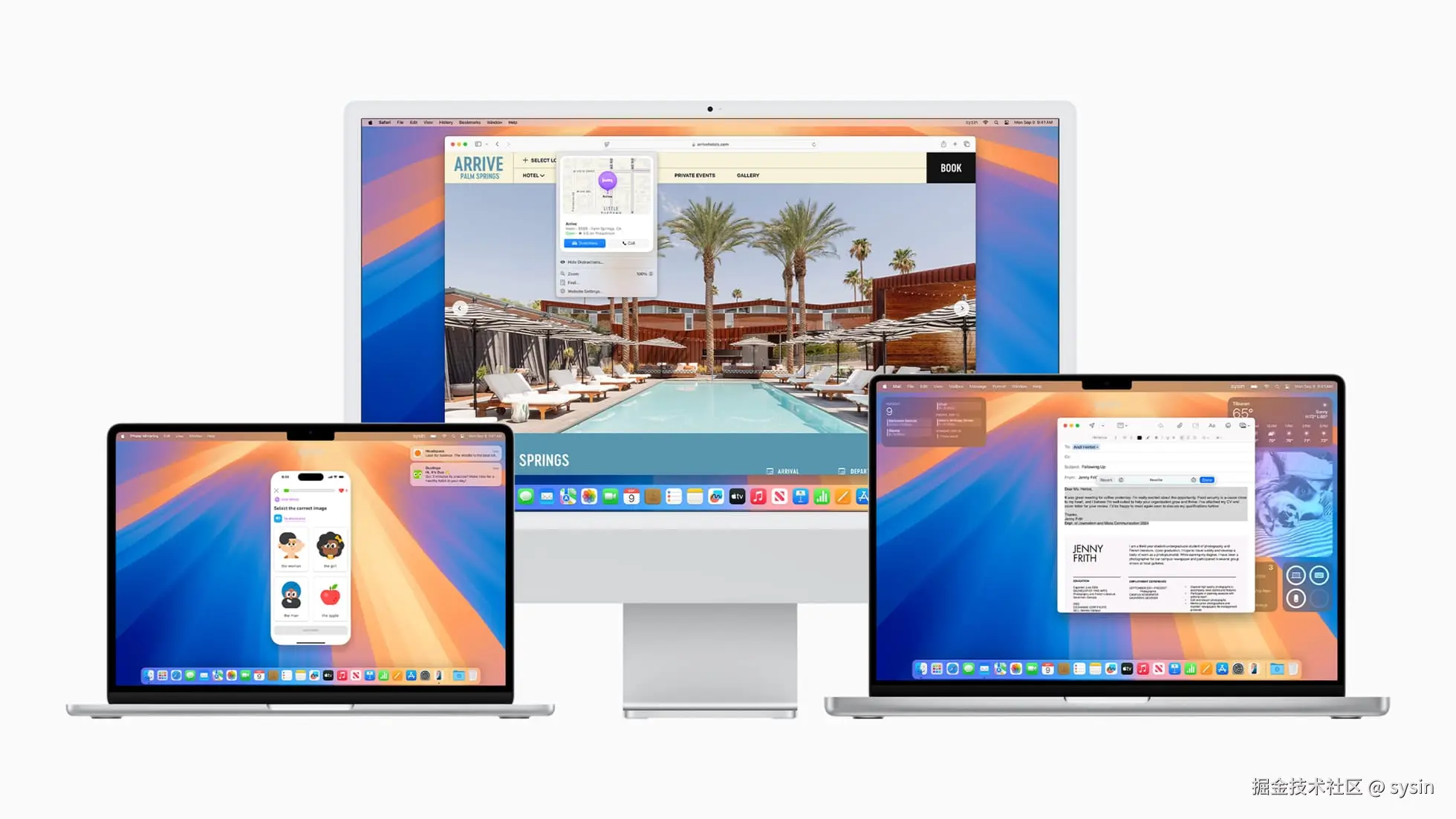 MacBook Air 展示 iPhone 镜像功能，iMac 展示 Safari 浏览器 Highlights 功能，MacBook Pro 展示 Apple 智能功能。