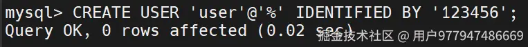 通过输入语句，创建一个user用户，密码为123456，提示操作成功。