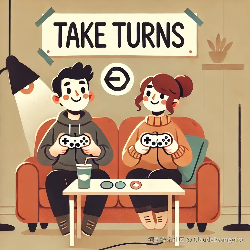 DALL·E 2024-10-28 21.14.45 - An illustration showing two people happily taking turns playing a game in a cozy room. One person is holding a video game controller while the other w.webp