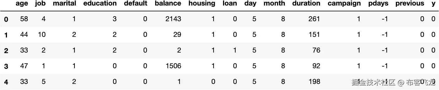 图 6.9：截图显示将分类特征转换为数值特征后数据集的前五个实例    