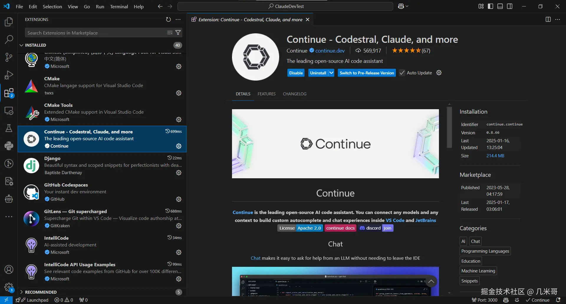 Continue VSCode插件安装界面