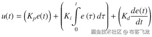 u(t)=\left({K}_pe(t)\right)+\left({K}_i\underset{0}{\overset{t}{\int }}e\left(\tau \right) d\tau \right)+\left({K}_d\frac{de(t)}{dt}\right)