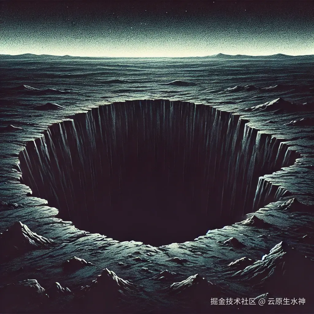 DALL·E 2024-10-30 21.02.04 - An illustration showing a deep, dark pit with no visible bottom, set in a barren, desolate landscape. The pit is surrounded by rocky ground and shadow.webp