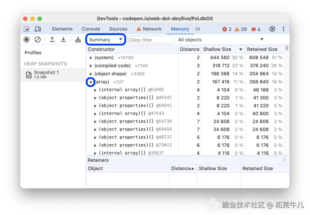 Summary 视图：按构造函数分组的对象列表，显示 Shallow Size 和 Retained Size