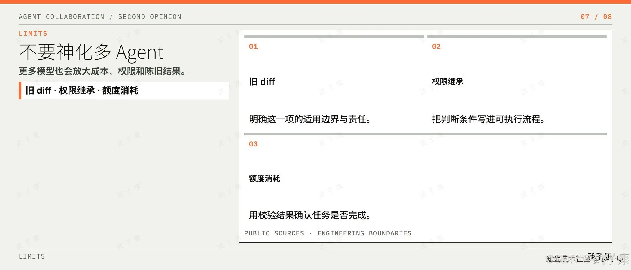 不要神化多 Agent:更多模型也会放大成本、权限和陈旧结果;旧 diff · 权限继承 · 额度消耗