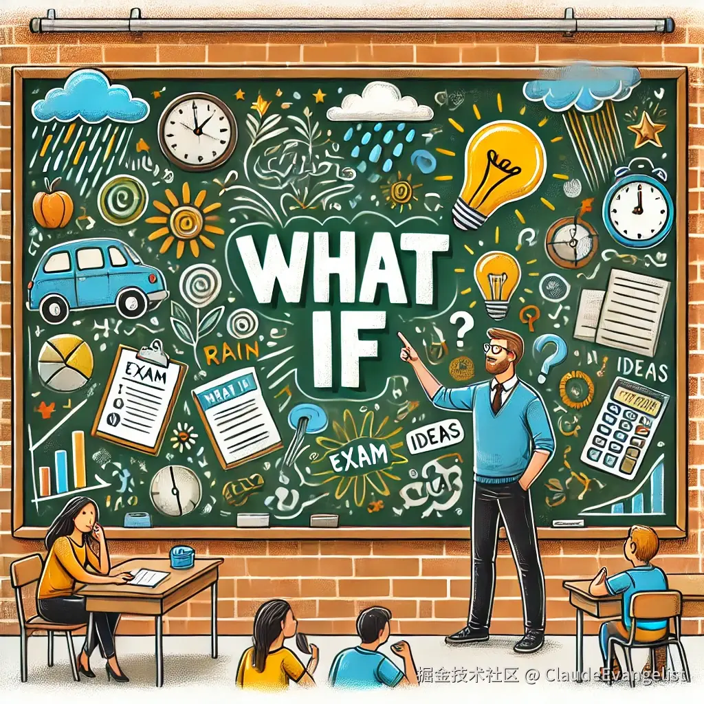 DALL·E 2024-11-17 19.56.26 - A lively and educational illustration featuring a chalkboard with the phrase 'What if' written on it, surrounded by doodles representing different sce.webp