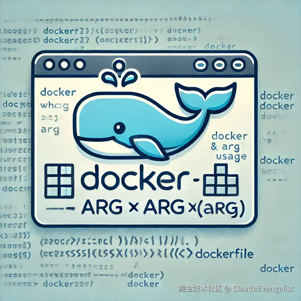 DALL·E 2024-07-30 22.31.18 - A simplified illustration highlighting Docker and ARG usage in a Dockerfile. The image should focus on the Docker whale icon representing Docker and a.webp