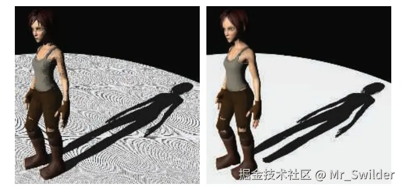 图7.12：阴影映射的偏移瑕疵。左图中所设置的偏移量太小，因此发生了自阴影现象。右图中所设置的偏移量太大，导致鞋子没有投射出与自身相接触阴影。同时阴影贴图的分辨率也太低，使得阴影具有块状外观。