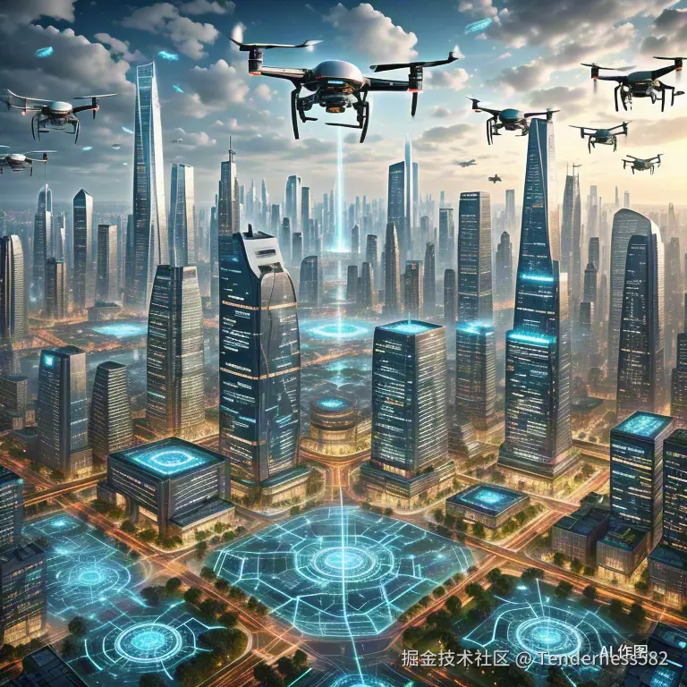 未来城市数字免疫全景图，地面建筑投射出立体防护网络，空中漂浮着智能预警无人机群，所有元素构成有机联系的防御整体