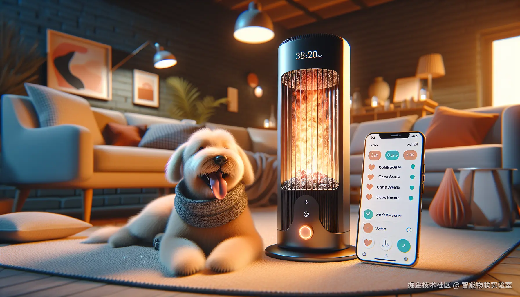 图片展示高科技的智能取暖器，出现一个手机界面能控制取暖器的温度和场景模式，一只狗狗在取暖器旁边取暖，吐出舌头笑得很开心.png