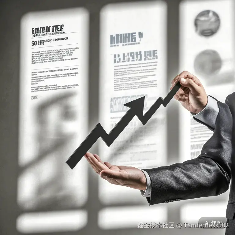 南阳企业家手握象征着业务增长的上升箭头，背景是其现代化企业官网的投影