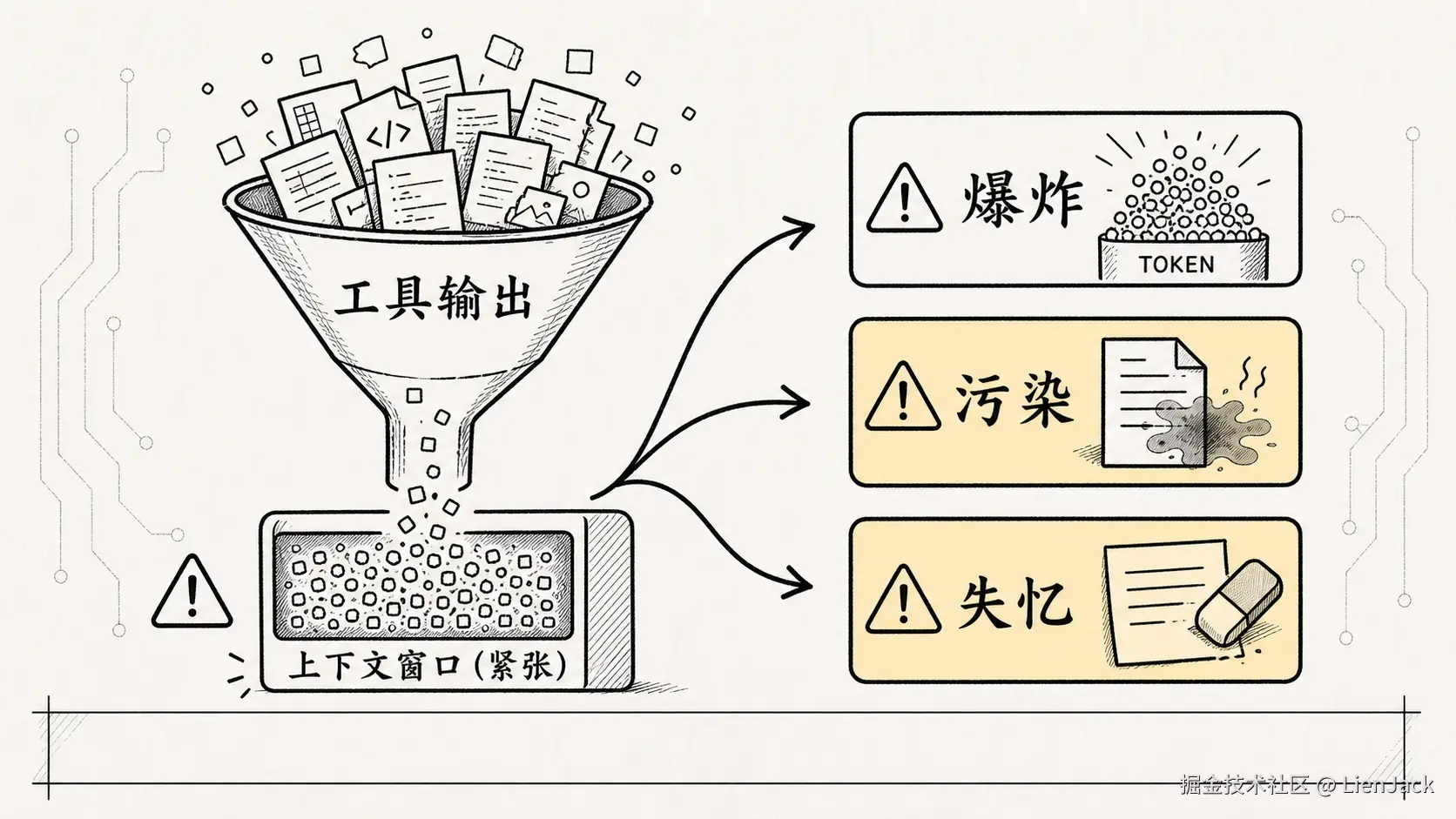 04.1核心机制-Context管理 手绘图 2：token 增长带来的三类失败