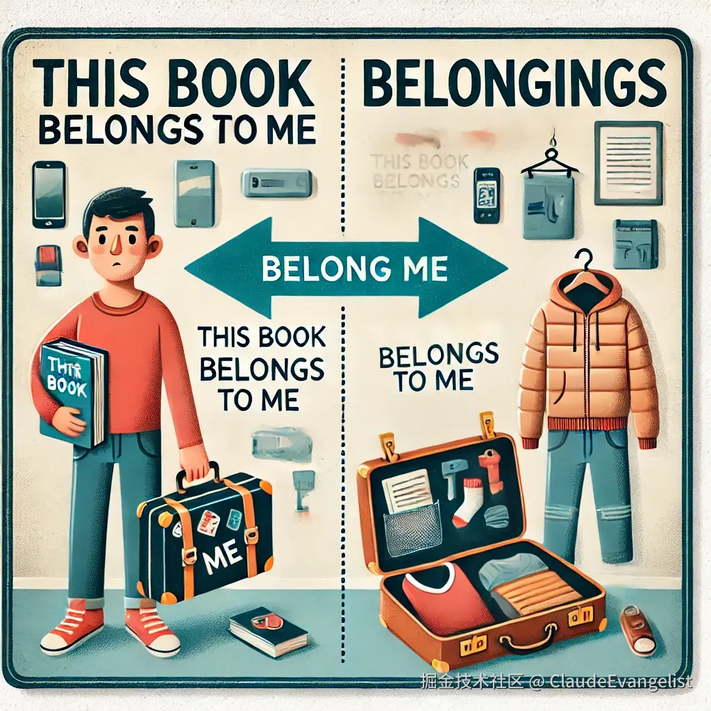 DALL·E 2024-12-06 23.17.33 - An educational illustration depicting the concept of 'belong' and 'belongings'. The illustration shows two distinct sections_ on one side, a person ho.webp