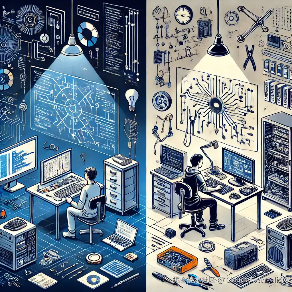 DALL·E 2024-10-15 21.40.03 - An illustration that contrasts two types of technical work in the tech industry. On one side, a person works with complex diagrams, algorithms, and ab.webp