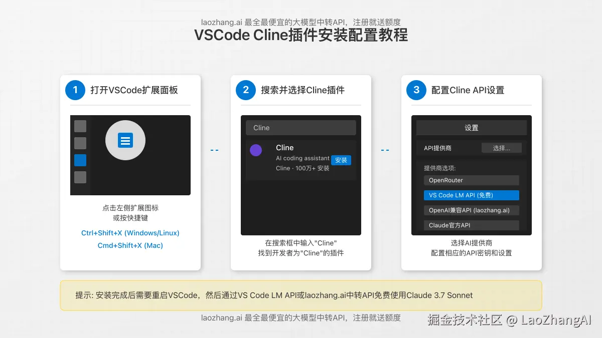 VSCode中安装Cline插件的界面截图与步骤说明