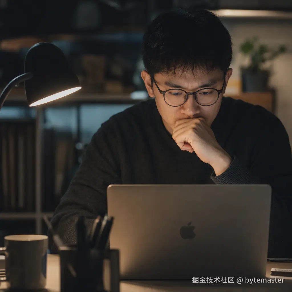 01-一位软件工程师坐在昏暗的办公室里盯着 MacBook 屏幕,.png