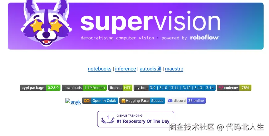 supervision 项目主页截图：Roboflow 出品，"democratising computer vision" 标语，PyPI v0.28.0，月下载量 1.1M，MIT 许可，Python 3.9-3.14 全支持，GitHub Trending 日榜第一，支持 Colab / Hugging Face Spaces / Discord