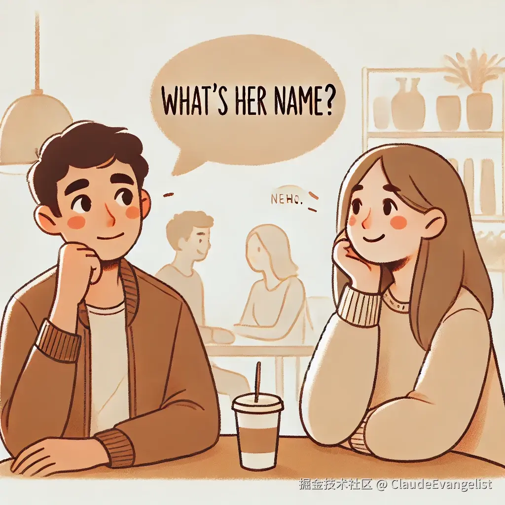 DALL·E 2024-11-10 12.03.16 - An illustration showing two friends talking in a casual setting. One person is saying 'What's her name_' with a thoughtful expression, as if trying to.webp