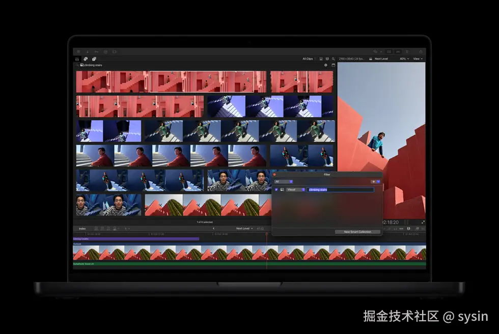 一台深空黑色 MacBook Pro 上显示着 Final Cut Pro 的视觉搜索功能。
