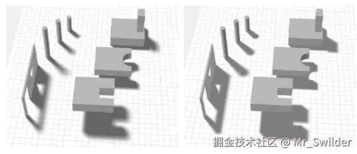 图7.5：左图使用了Heckbert和Herf的方法进行渲染，一共包含256个pass。右图是Haines的单pass方法，但是在Haines的方法中，本影的范围太大了，尤其是在门口和窗户附近。