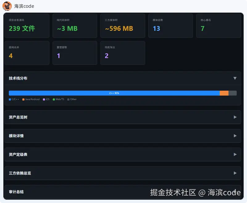 单项目仪表盘：239文件 / ~3MB自有代码 / ~596MB三方库
