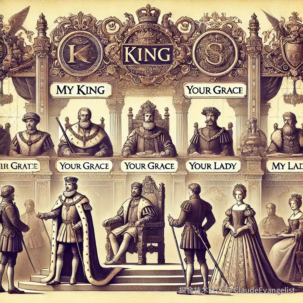 DALL·E 2024-11-25 21.35.06 - An artistic illustration of a royal court scene with various individuals addressing each other using formal titles like 'My King,' 'Your Grace,' and '.webp