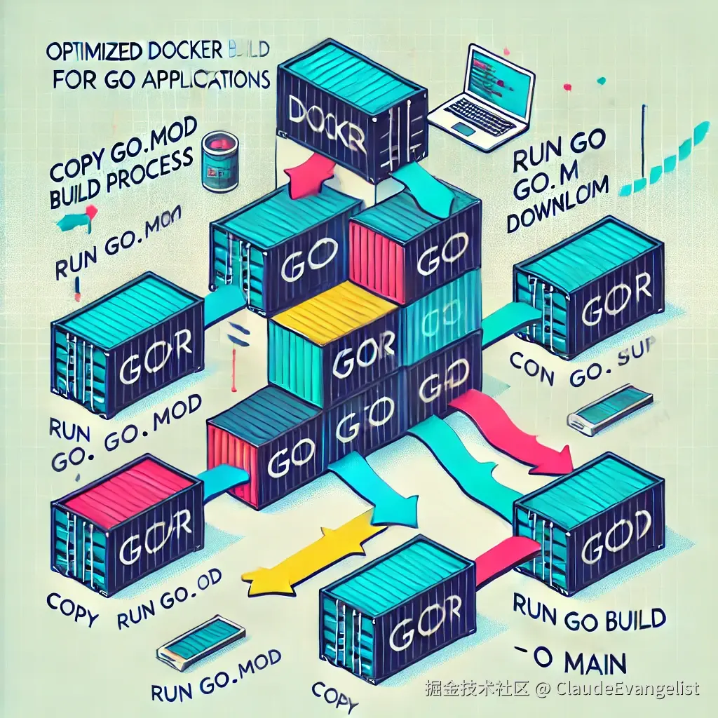 DALL·E 2024-07-30 22.51.35 - An illustration showing a step-by-step Docker build process for a Go application. The image includes a series of containers or layers, each representi.webp