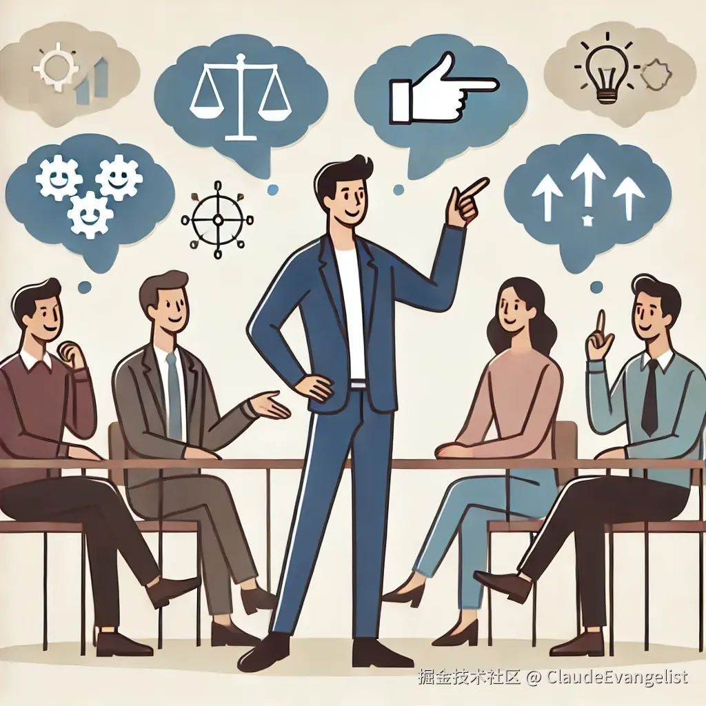 DALL·E 2024-10-17 22.52.02 - An illustration showing a person confidently expressing their opinion in a conversation, while others nearby have thought bubbles with different ideas.webp