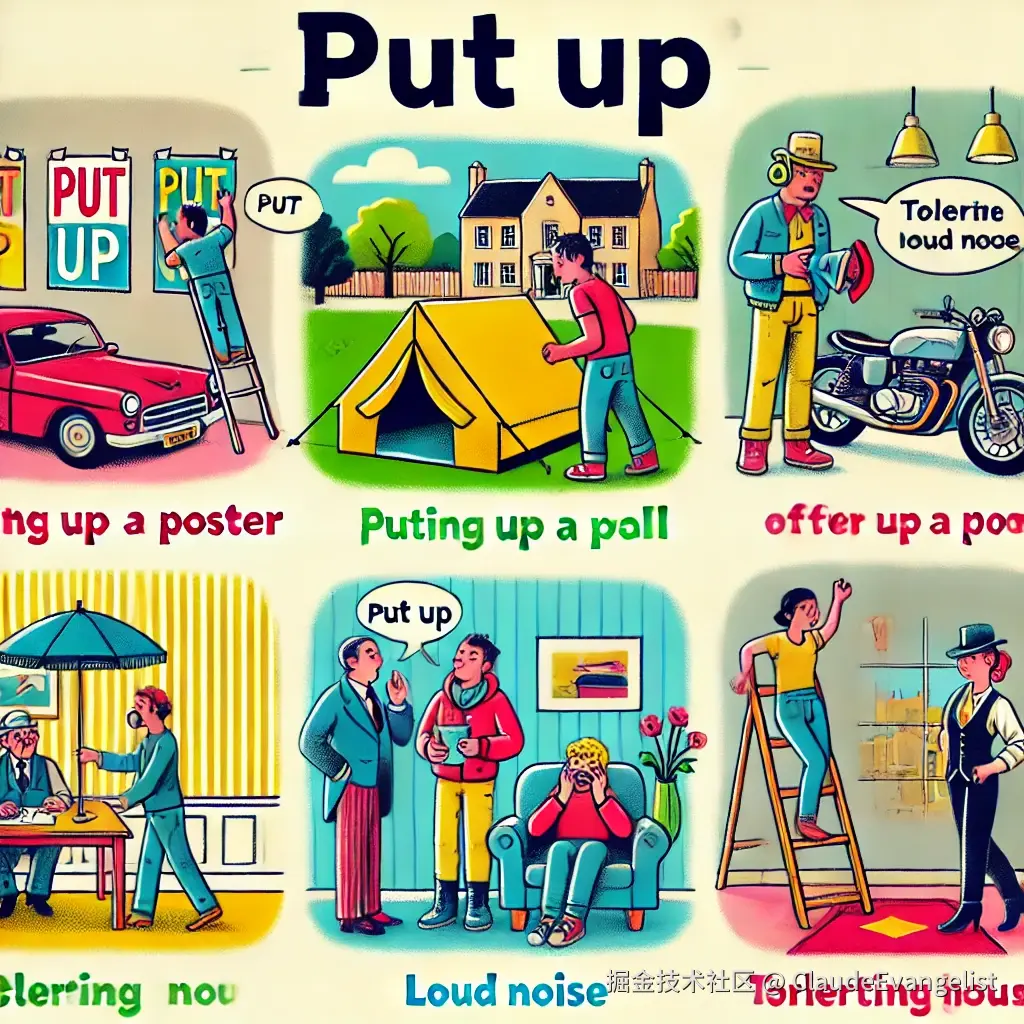 DALL·E 2024-12-13 23.35.02 - A creative illustration showing multiple uses of the phrase 'put up' in English. The image includes a person putting up a poster on a wall, a person s.webp