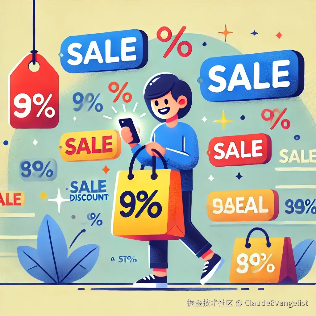 DALL·E 2024-12-15 09.27.19 - An illustration of a person finding a great deal while shopping, holding a shopping bag with a big smile. The background shows a store with price tags.webp