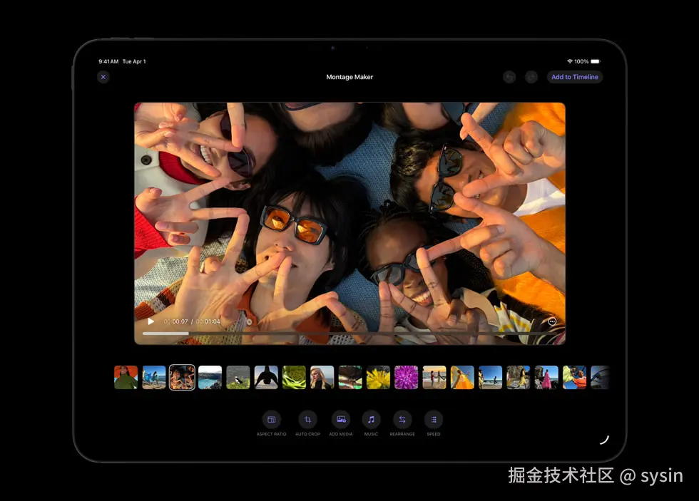 iPad Pro 上显示着 Final Cut Pro 中的蒙太奇制作器。