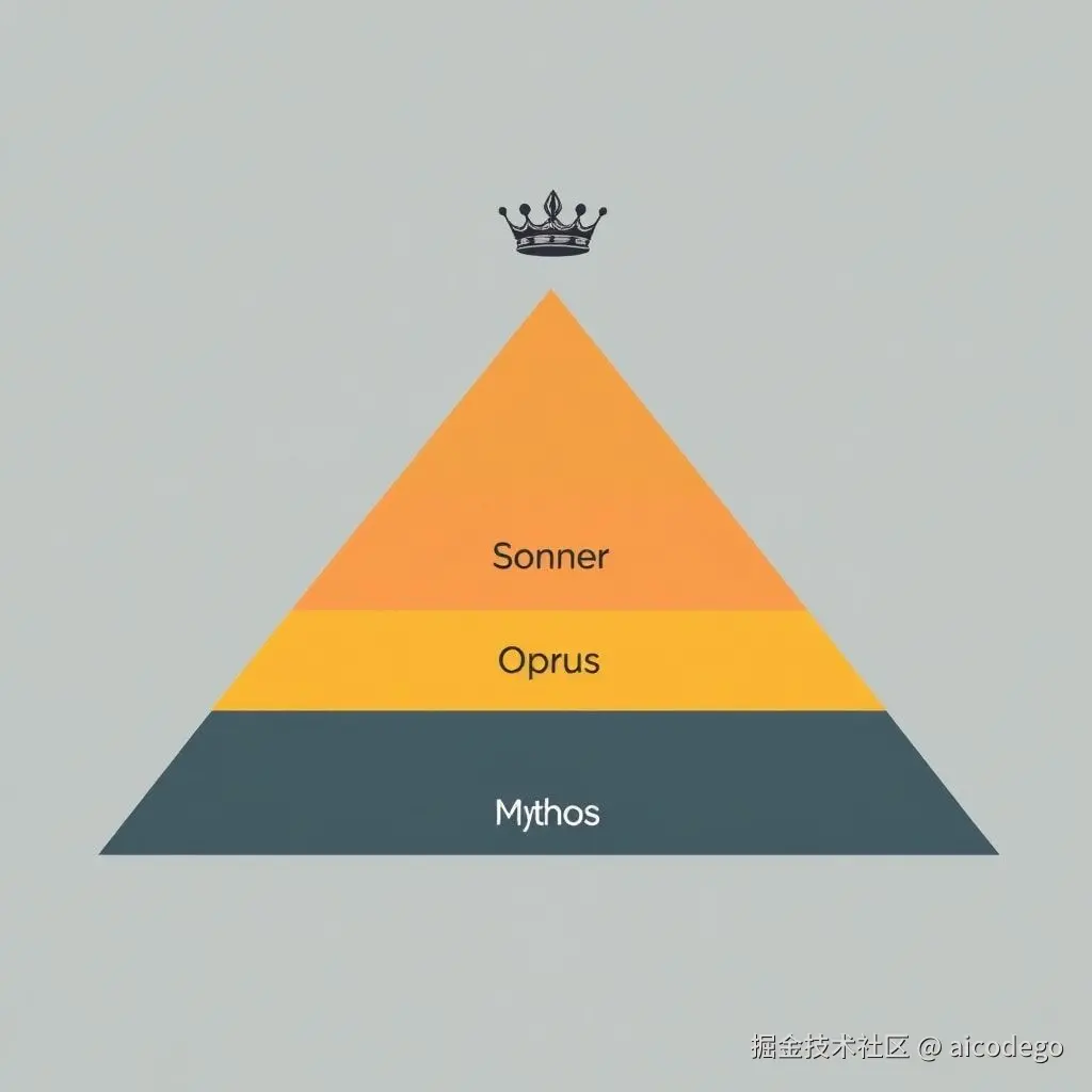 layered pyramid diagram showing Claude model hierarchy - Haiku at bottom, Sonnet middle, Opus above, Mythos at top with a crown